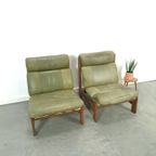 Groen Leren Stoel Met Eiken Hout Vintage Fauteuil thumbnail 3