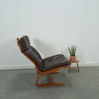 Bruin Leren Fauteuil Met Houten Onderstel Vintage Stoel thumbnail 8