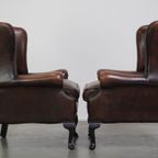 Set Van 2 Mooie, Donkerbruine Engelse Rundleren Chesterfield Oorfauteuils thumbnail 3