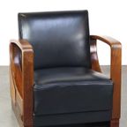 Unieke Cognac Kleurige Rundleren Artdeco Design Fauteuil Gecombineerd Met Hout thumbnail 2