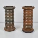 Set Vintage Aardewerk Geribbelde Cilinder Vaas Scandinavisch thumbnail 7