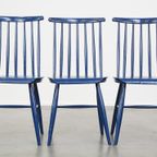 Set Van 3 Mooie Vintage Jaren ’60 Blauwe Houten Eetkamerstoelen/ Spijlen Stoelen thumbnail 3