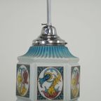 Vintage Voornamelijk Blauwe Art Deco Design Hanglamp Met Mooi Geschilderd Glas thumbnail 3