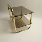 Vintage Bijzettafel Met Gouden Frame En Rookglas, Jaren 70 thumbnail 4