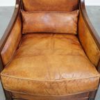 Mooie Cognac Kleurige Schapenleren Art Deco Design Fauteuil/ Armchair Gecombineerd Met Hout thumbnail 10