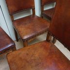 Set Van 6 Eiken Art Deco Eetkamerstoelen In Bruin Leer thumbnail 9