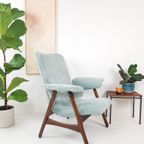 Vintage Fauteuil Teakhout Licht Blauwe Ribstof Nieuw thumbnail 13