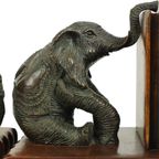 Vintage Koppel Boekensteunen Olifant Gepatineerd Brons Hout Leder thumbnail 4