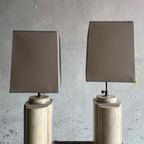 Architectural Table Lamps In Travertine And Brass Style Maison Jansen , 1970S thumbnail 5