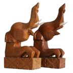 2- Hand Gesneden Houten Olifant Boekensteunen, Thailand Jaren '60 thumbnail 4