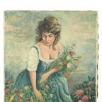 Vintage Schilderij Vrouw Bloemenpluk Acrylverf Op Doek Gesigneerd thumbnail 11