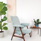 Vintage Fauteuil Teakhout Licht Blauwe Ribstof Nieuw thumbnail 11
