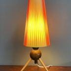 Table Lamp In Yellow And Red Ribbon, Wood Tripod Base 1950S. thumbnail 6