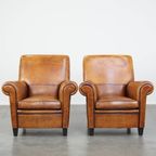 Set Van 2 Grote, Stoere En Comfortabele Vintage Cognac-kleurige Schapenleren Fauteuils/armchairs thumbnail 2