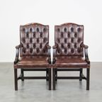 Set Van 2 Mooie En Statige, Luxe Donkerbruine Engelse Rundleren Chesterfield Eetkamer/Bijzetstoelen thumbnail 2