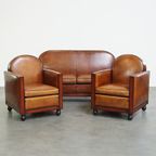 Unieke En Complete Set Van Twee Cognac Kleurige, Schapenleren Art Deco Fauteuils En Bank thumbnail 2