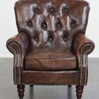 Klassieke En Comfortabele Generfde Cognac Kleurige Rundleren Chesterfield Fauteuil/ Armchair thumbnail 5