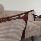 Vintage Fauteuils + Bank | Bankstel Roze Ribstof Nieuw Teak thumbnail 7