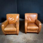 2 Sets Van 2 Vintage Cognac Leren Club-Fauteuils thumbnail 3