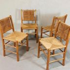Set Van 4 Vintage Hout En Riet Eetkamerstoelen thumbnail 12