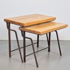 2 Brutalist Bijzettafel Nesting Tables Mimiset Eiken Metaal thumbnail 3