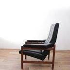 Strakke Vintage Design Fauteuil Zwarte Skai En Teakhout Jaren 60 thumbnail 7