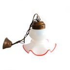 Vintage Opaline Glazen Lamp Met Rode Rand, Jaren '40/'50. thumbnail 2