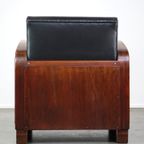 Unieke Cognac Kleurige Rundleren Artdeco Design Fauteuil Gecombineerd Met Hout thumbnail 5