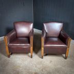 Set Van 2 Art Deco Leren Fauteuils – Origineel 1930 thumbnail 3