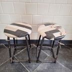 Vintage Kruk Met Patchwork Lederen Bekleding, Rond Krukje thumbnail 3