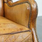 Comfortabele En Cognac-Kleurige Vintage Schapenleren Fauteuil Met Een Hoge Rug thumbnail 11