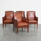 Statige, Luxe Set Van 4 Cognac Kleurige Rundleren Art Deco Design Fauteuils thumbnail 2