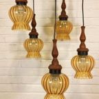 Vintage Grote Cascade Hanglamp Met 5 Glas En Hout Lampen thumbnail 8