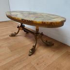 Vintage Ovale Messing Salontafel Koffietafel Met Marmer Blad thumbnail 4