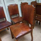 Set Van 6 Eiken Art Deco Eetkamerstoelen In Bruin Leer thumbnail 7