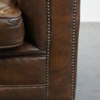 Grote, Correct Afgewerkte Vintage Donkere Gladde Rundleren Engelse Stijl Chesterfield Fauteuil thumbnail 14