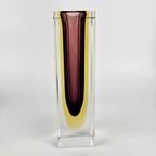 Vintage Glazen Vaas, Facet Geslepen, Rechthoekig. Roze, Geel En Kleurloos Murano Glas. Sommerso Vaas thumbnail 12
