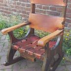 Vintage Brutalist Rocking Chair, Schommelstoel Met Tuigleer thumbnail 13