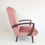 Vintage Teakhouten Fauteuil Roze Rib Nieuw Gestoffeerd thumbnail 6