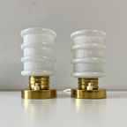 Vintage Tafellampje, Rond Gouden Voet - Witglazen Kapje 2x thumbnail 7