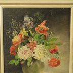 Bloemen In Vaas Stilleven Schilderij Olie Op Doek Ingelijst Gesigneerd thumbnail 13