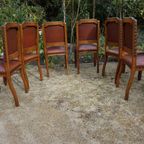 Set Van 6 Eiken Art Deco Eetkamerstoelen In Bruin Leer thumbnail 20
