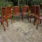 Set Van 6 Eiken Art Deco Eetkamerstoelen In Bruin Leer thumbnail 20