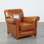 In Goede Staat Verkerende En Comfortabele Mooie Cognac-kleurige Antieke Schapenleren Armchair thumbnail 2
