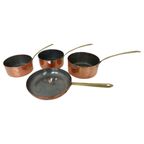 Tagus - Portugal - Set Of 4 - Copper Pots And Pan With Brass Handles - Polished thumbnail 2