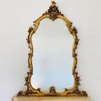 Vintage Italiaanse Barok Consoletafel En Kuifspiegel Met Marmeren Blad 1950's thumbnail 5