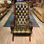 Engelse Chesterfield Fauteuil In Nieuwstaat Victorian Antiek Groen Leer thumbnail 7