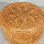 Vintage Leren Cognac Poef Ottoman, Rond thumbnail 6