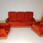 Vintage Deense Bank Fauteuils Oranje Velvet Velours Bankstel thumbnail 11