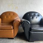 Pair Of Interbellum Club Sofa'S In Cognac Brown And Jet Black Colour. thumbnail 13